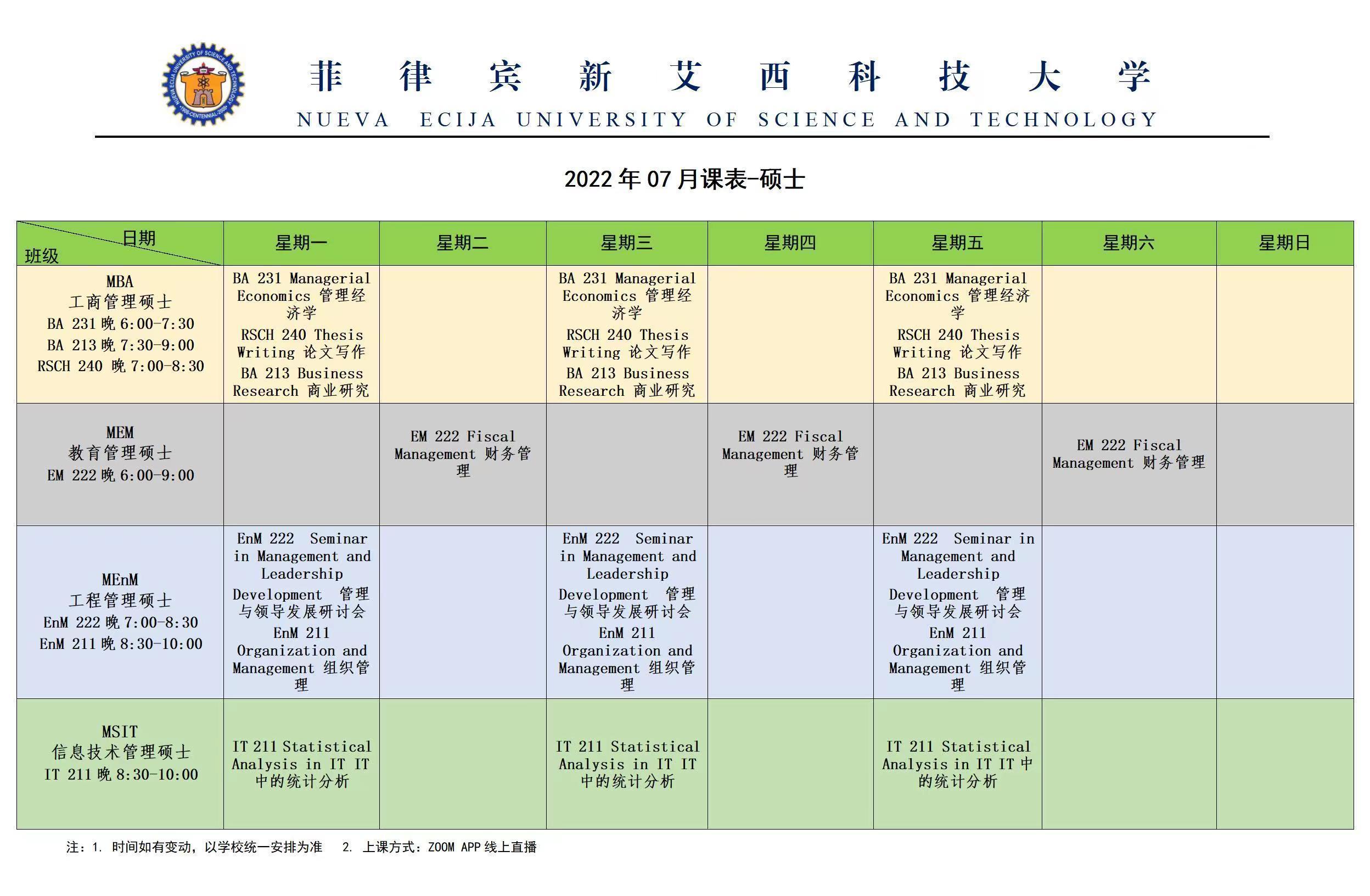 菲律賓新艾西科技大學7月碩士項目課程表