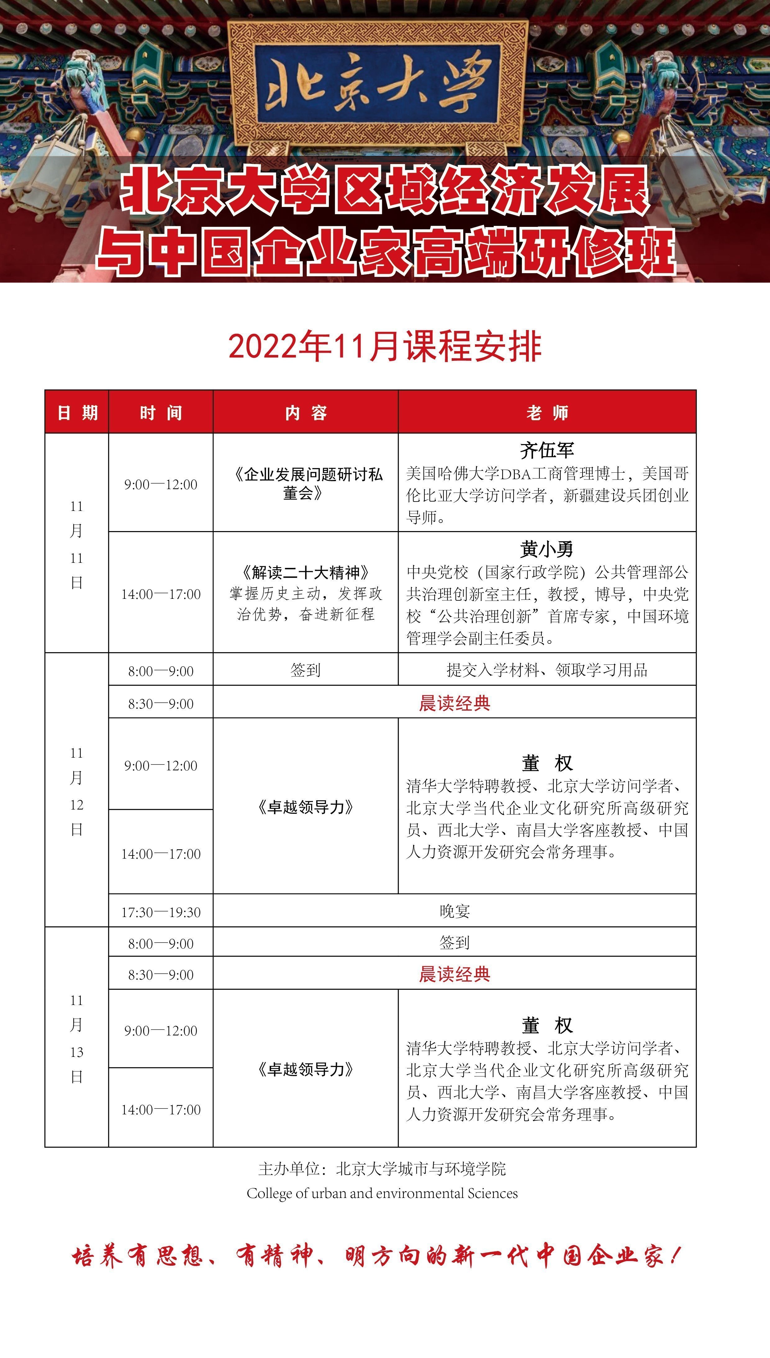 北京大學區域經濟發展與中國企業家高端研修班11月開課通知