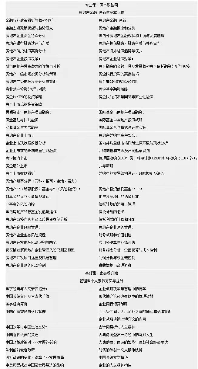 標桿房地產EMBA總裁高級研修班-課程安排