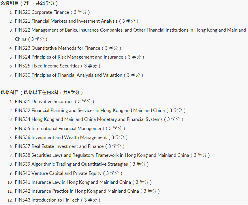 香港嶺南大學2023年金融學碩士課程安排